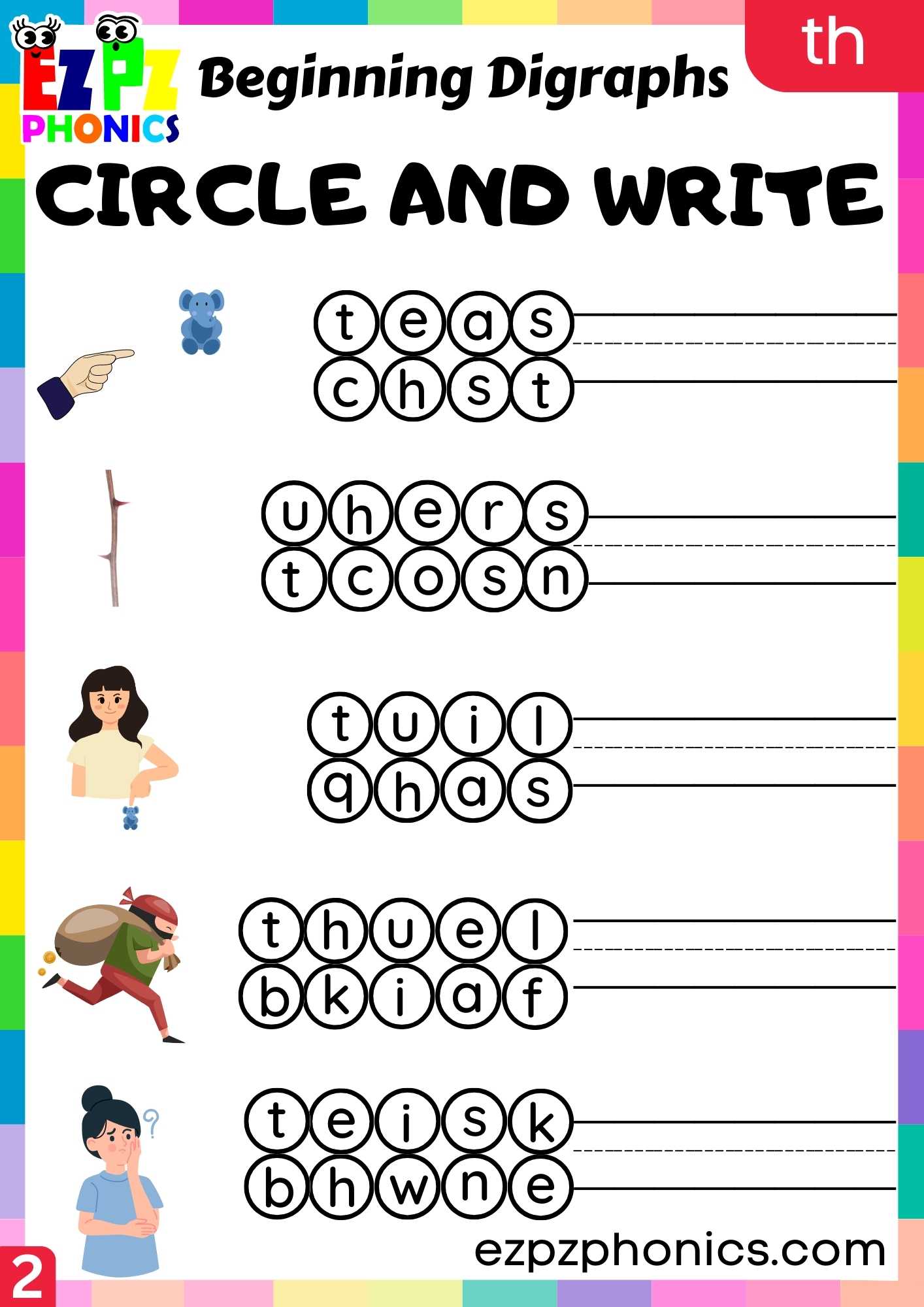 Group2 TH Words Circle And Write Consonant Digraphs Phonics Beginning Worksheet
